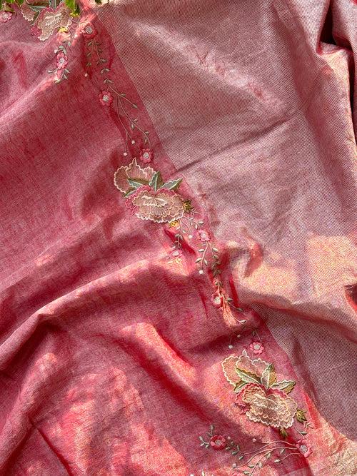 Carrot Pink and Silver Handloom Tissue Linen Saree with Machine Embroidery