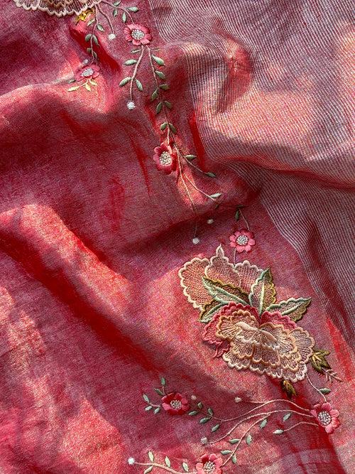 Carrot Pink and Silver Handloom Tissue Linen Saree with Machine Embroidery