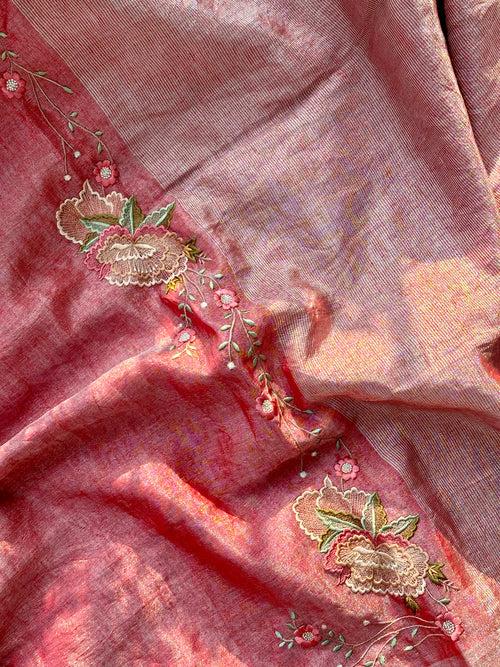 Carrot Pink and Silver Handloom Tissue Linen Saree with Machine Embroidery