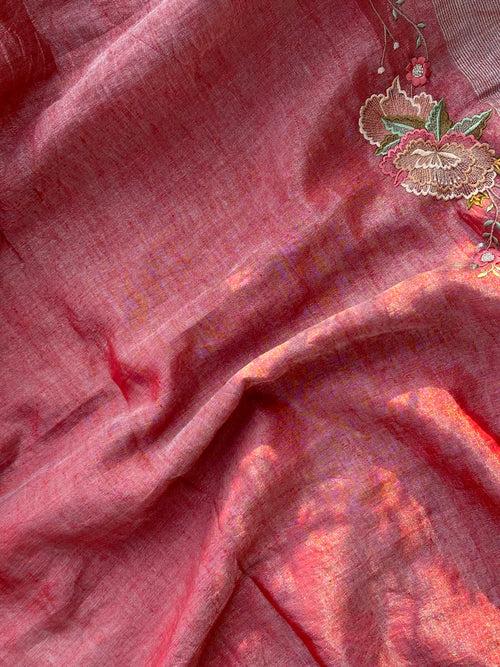 Carrot Pink and Silver Handloom Tissue Linen Saree with Machine Embroidery