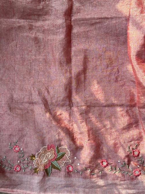 Carrot Pink and Silver Handloom Tissue Linen Saree with Machine Embroidery