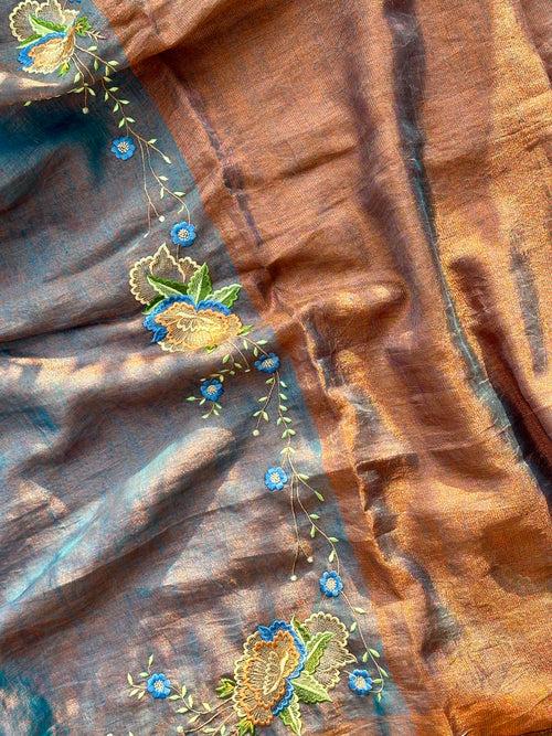 Blue and Copper Handloom Tissue Linen Saree with Machine Embroidery