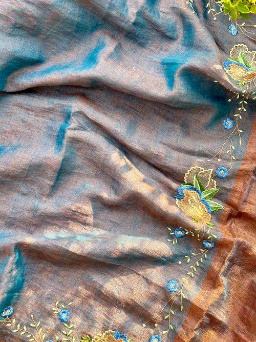 Blue and Copper Handloom Tissue Linen Saree with Machine Embroidery