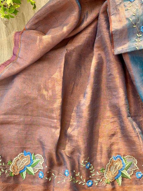 Blue and Copper Handloom Tissue Linen Saree with Machine Embroidery