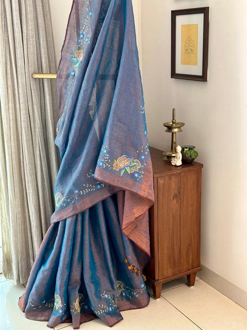 Blue and Copper Handloom Tissue Linen Saree with Machine Embroidery