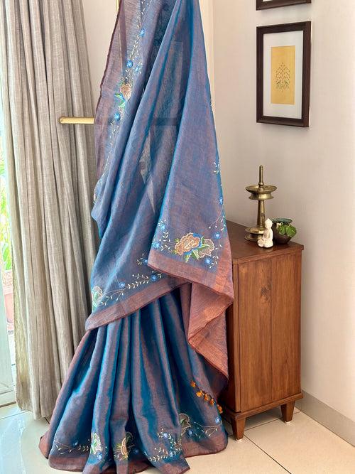 Blue and Copper Handloom Tissue Linen Saree with Machine Embroidery