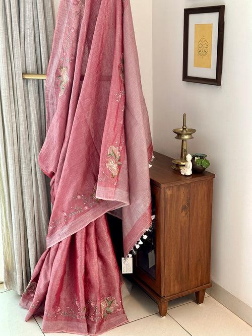 Carrot Pink and Silver Handloom Tissue Linen Saree with Machine Embroidery