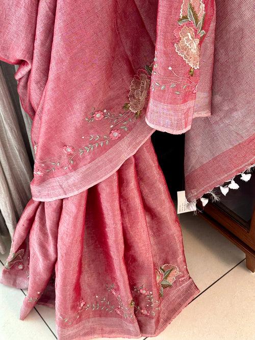 Carrot Pink and Silver Handloom Tissue Linen Saree with Machine Embroidery