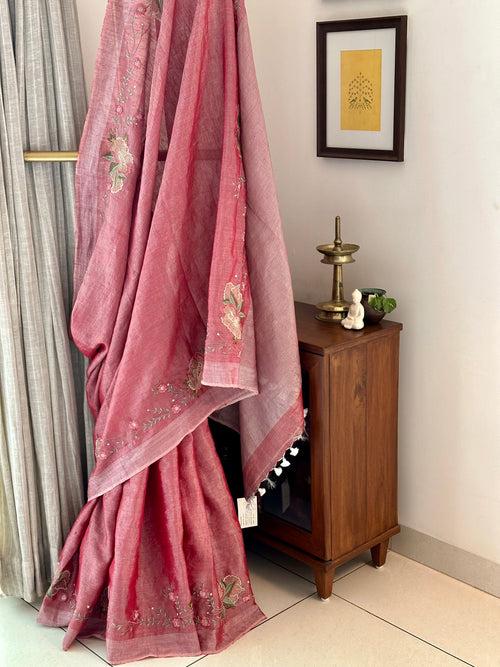 Carrot Pink and Silver Handloom Tissue Linen Saree with Machine Embroidery