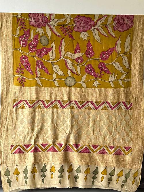 Yellow with a hint of Green Floral Pure Banarsee Georgette Kalamkari Saree