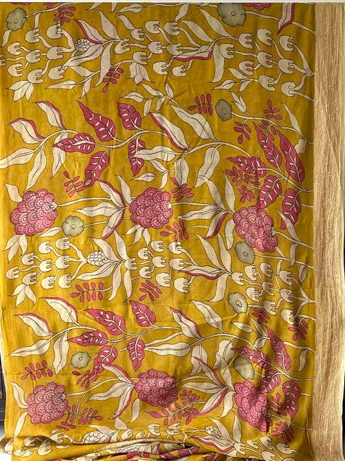 Yellow with a hint of Green Floral Pure Banarsee Georgette Kalamkari Saree