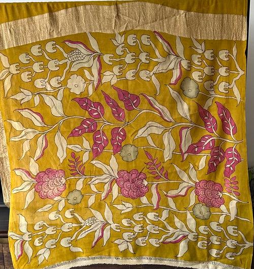 Yellow with a hint of Green Floral Pure Banarsee Georgette Kalamkari Saree