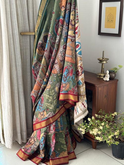 Jai SitaRam Theme Pure Kanjivaram Silk Kalamkari Saree