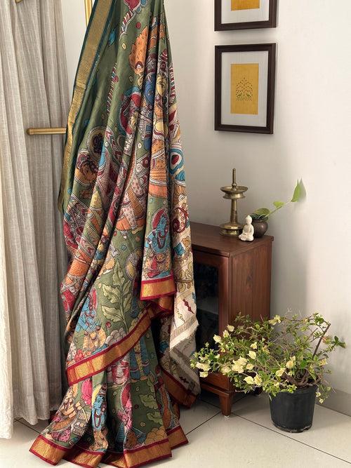 Jai SitaRam Theme Pure Kanjivaram Silk Kalamkari Saree