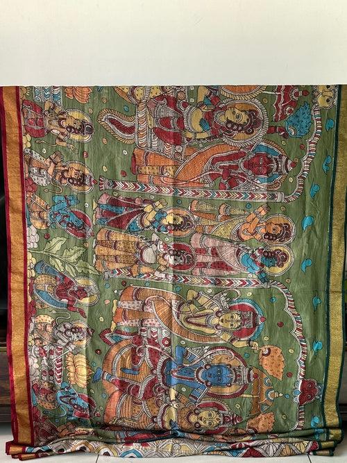 Jai SitaRam Theme Pure Kanjivaram Silk Kalamkari Saree