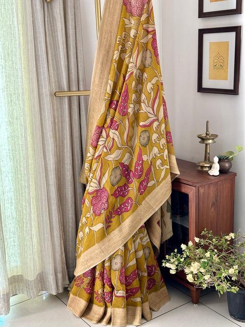 Yellow with a hint of Green Floral Pure Banarsee Georgette Kalamkari Saree