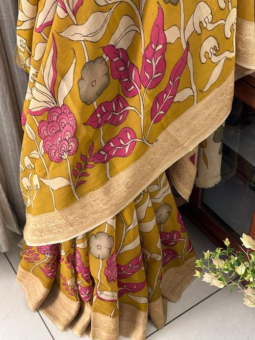 Yellow with a hint of Green Floral Pure Banarsee Georgette Kalamkari Saree