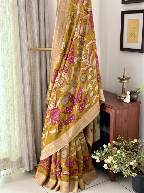 Yellow with a hint of Green Floral Pure Banarsee Georgette Kalamkari Saree