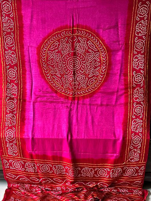 Rani Pink and Red Circle Theme Pure Gajji Silk Bandhani Saree