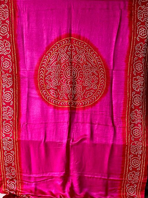 Rani Pink and Red Circle Theme Pure Gajji Silk Bandhani Saree