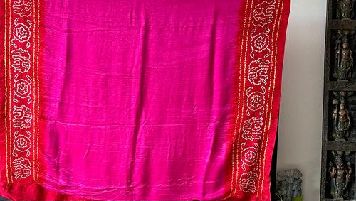 Rani Pink and Red Circle Theme Pure Gajji Silk Bandhani Saree