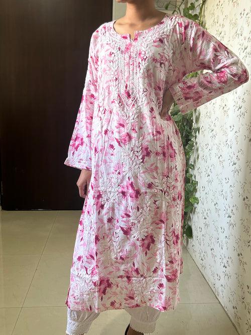 Pankhudi Pink Mul mul cotton chikankari kurti