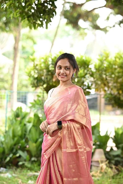 Rose Gold Tissue Silk Saree With Blouse
