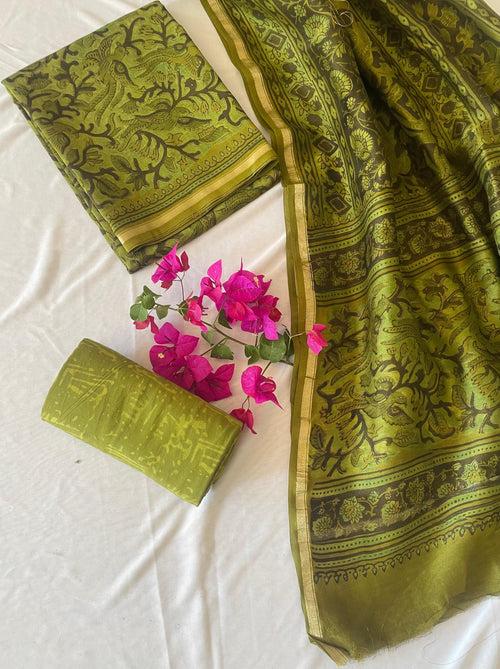 Shop Green Ajrakh Print Salwar Suit in Chanderi ( Unstitched)
