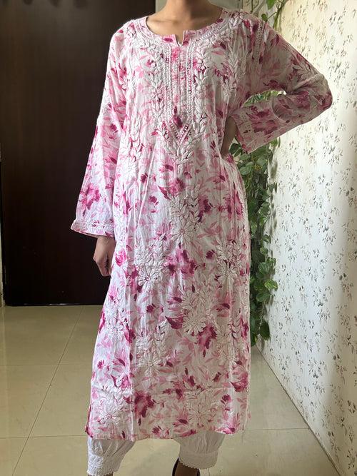 Pankhudi Pink Mul mul cotton chikankari kurti