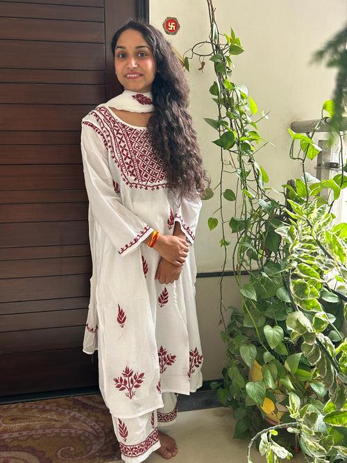 Sahiba White Chikankari cotton Kurti With Pant and Dupatta