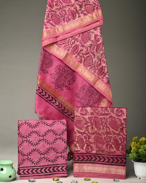 Floral Pink Maheshwari Silk Ajrakh Print Suit Material