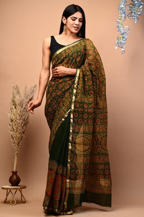 Trending Mehendi Green Kota Doria Traditional Print Saree