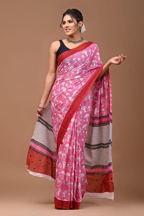 Bright Pink Fun Trending Hand Block Print MulMul Cotton Saree