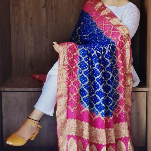 Pink And Blue Banarasi Ghatchola Dupatta