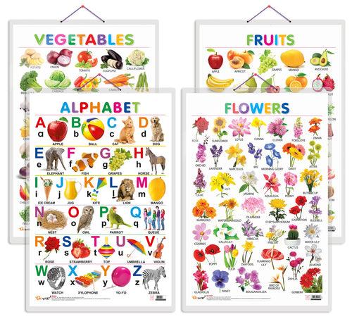 Set of 4 Alphabet, Fruits, Vegetables and Flowers Early Learning Educational Charts for Kids | 20"X30" inch |Non-Tearable and Waterproof | Double Sided Laminated | Perfect for Homeschooling, Kindergarten and Nursery Students