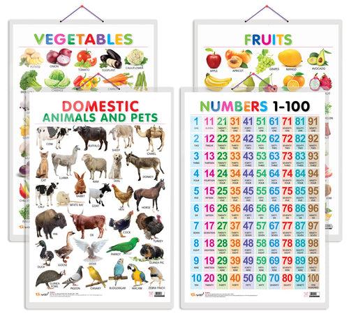 Set of 4 Fruits, Vegetables, Domestic Animals and Pets and Numbers 1-100 Early Learning Educational Charts for Kids | 20"X30" inch |Non-Tearable and Waterproof | Double Sided Laminated | Perfect for Homeschooling, Kindergarten and Nursery Students