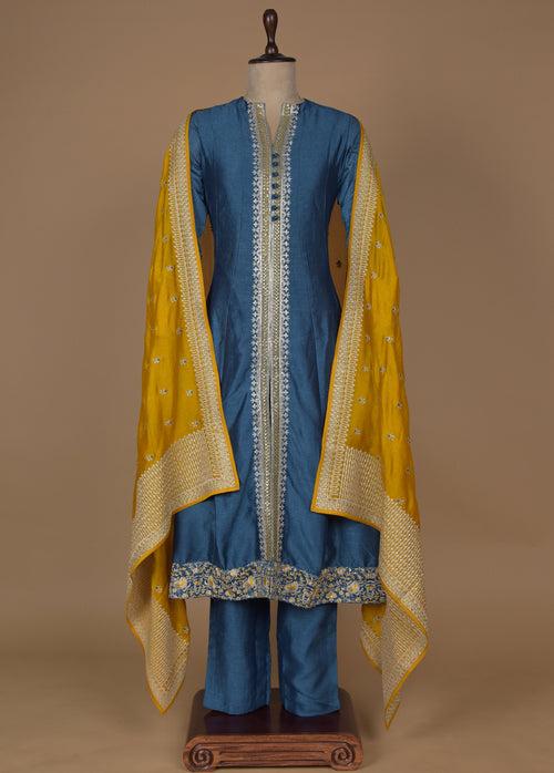 Blue Cotton Silk Straight Set