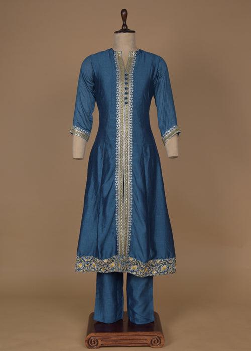 Blue Cotton Silk Straight Set