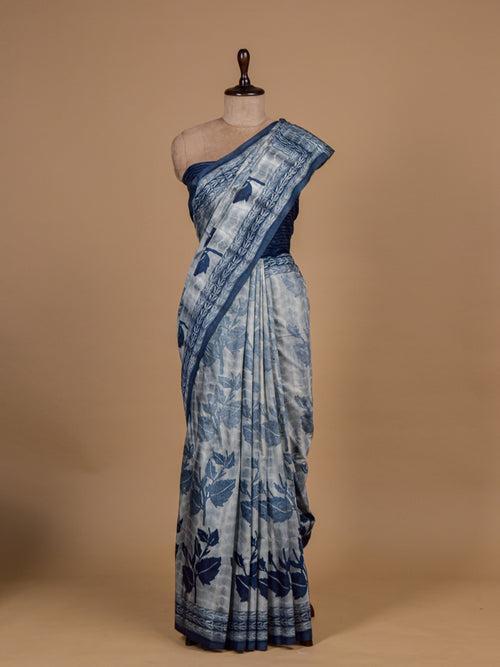 Blue Cotton Tussar Printed Saree