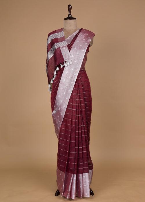 Wine Linen Cotton Saree