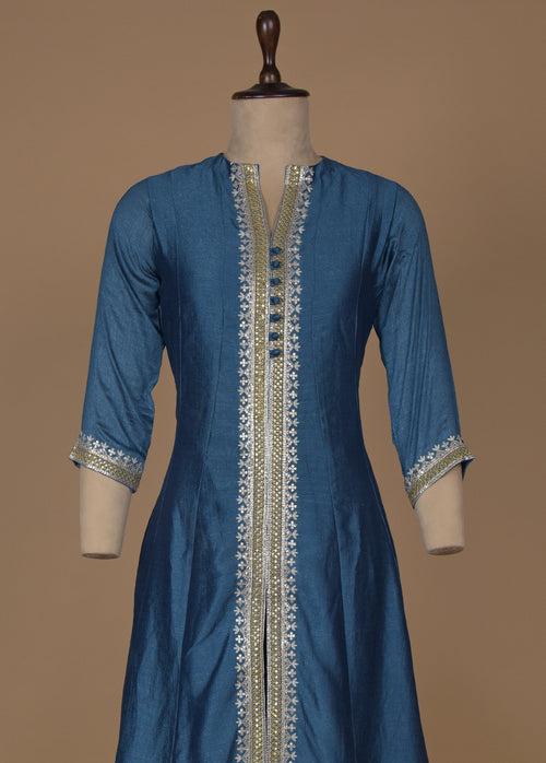 Blue Cotton Silk Straight Set