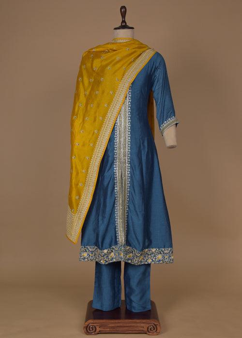 Blue Cotton Silk Straight Set