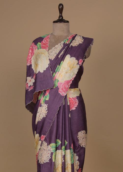 Purple Tussar Embroidered Saree