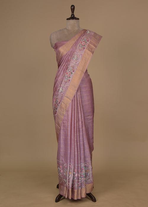 Pink Tussar Embroidered Saree