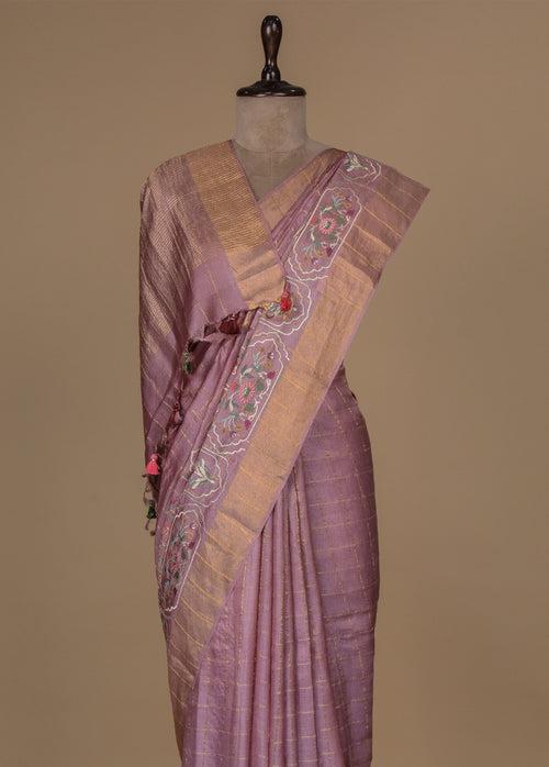 Pink Tussar Embroidered Saree