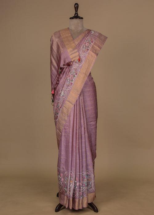 Pink Tussar Embroidered Saree