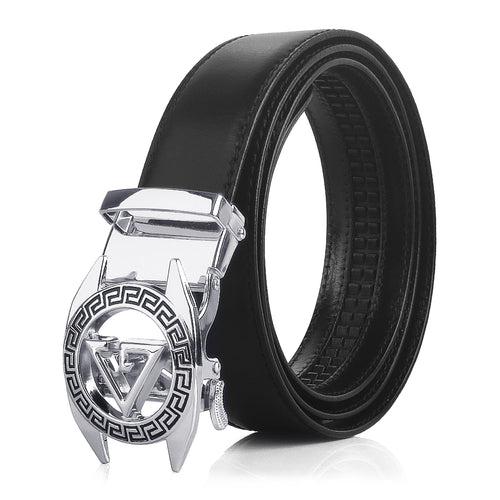 Ficuster Men Autogrip Metal Buckle Black Textured G Letter Genuine Leather Belt