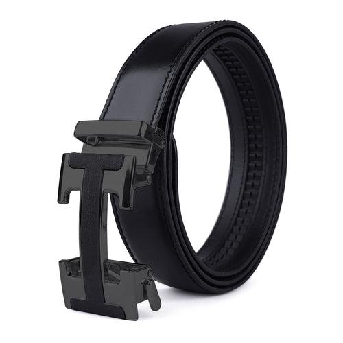 Ficuster Men Metal Auto Grip Buckle Black Genuine Leather Belt