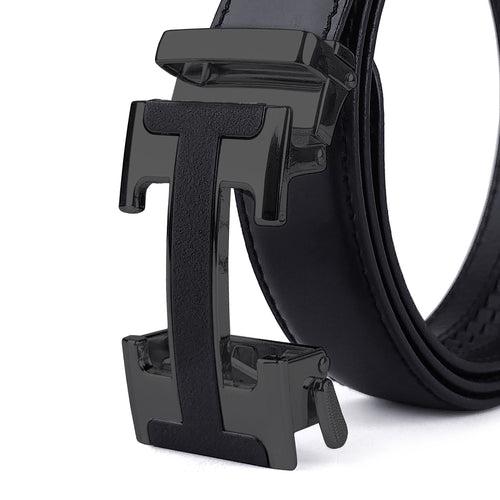 Ficuster Men Metal Auto Grip Buckle Black Genuine Leather Belt