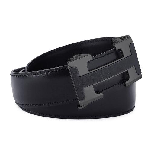 Ficuster Men Metal Auto Grip Buckle Black Genuine Leather Belt